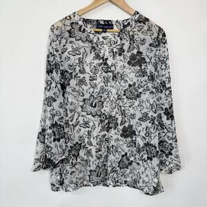 Susan Graver Sheer‎ Floral Tunic Top Size M Glittery Black White Flare Sleeves